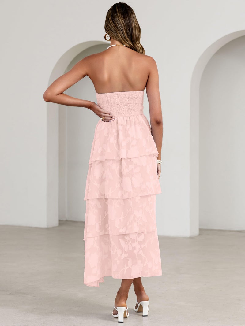 Simplee Womens Pink Wedding Guest Maxi Dress 2026 Strapless Boho Floral Spaghetti Strap High Waist Party Sexy Long Formal Layered Flowy Dress(Pink L) - Image 5