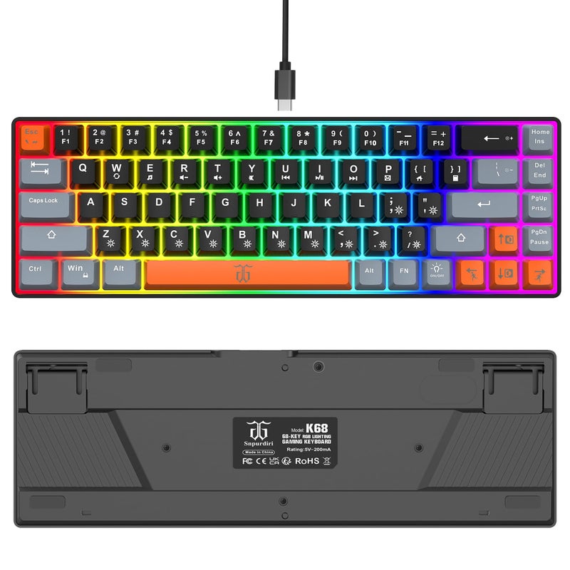 Snpurdiri لوحة مفاتيح ألعاب سنبورديري 60%، لوحة مفاتيح صغيرة مضاءة بـ RGB للألعاب لويندوز، كمبيوتر شخصي، لابتوب (68 مفتاح، أسود-رمادي-برتقالي) - Image 3