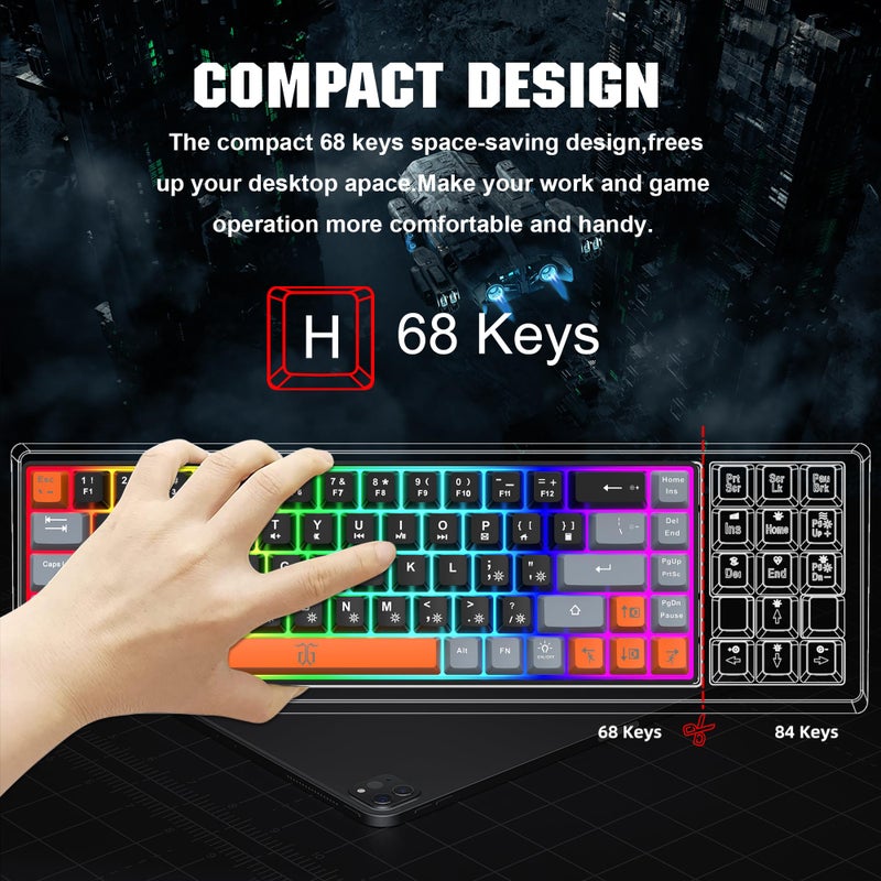 Snpurdiri لوحة مفاتيح ألعاب سنبورديري 60%، لوحة مفاتيح صغيرة مضاءة بـ RGB للألعاب لويندوز، كمبيوتر شخصي، لابتوب (68 مفتاح، أسود-رمادي-برتقالي) - Image 2