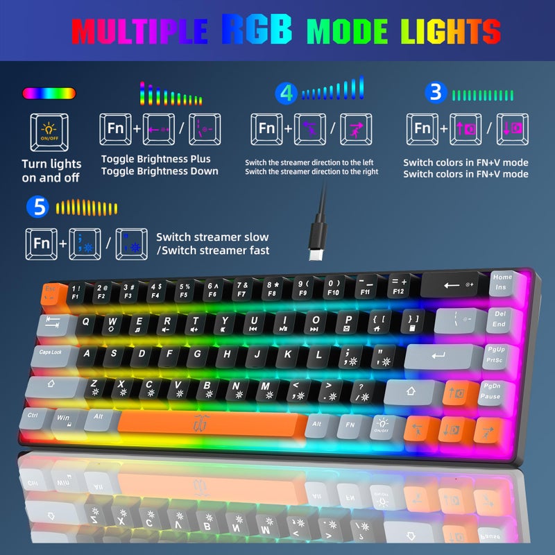 Snpurdiri لوحة مفاتيح ألعاب سنبورديري 60%، لوحة مفاتيح صغيرة مضاءة بـ RGB للألعاب لويندوز، كمبيوتر شخصي، لابتوب (68 مفتاح، أسود-رمادي-برتقالي) - Image 5