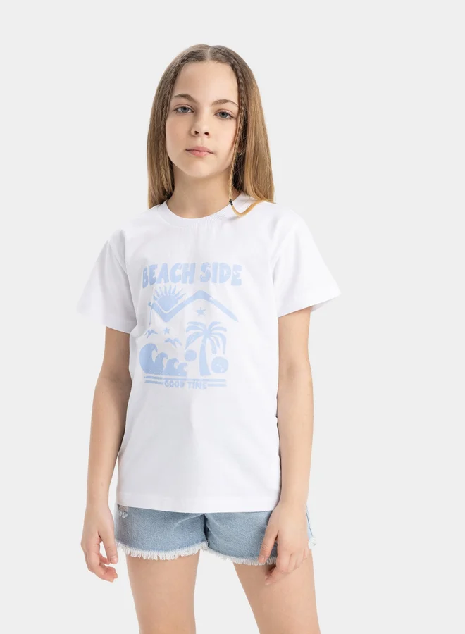 DeFacto DeFacto Kids White Beachside Printed Short Sleeve T-Shirt