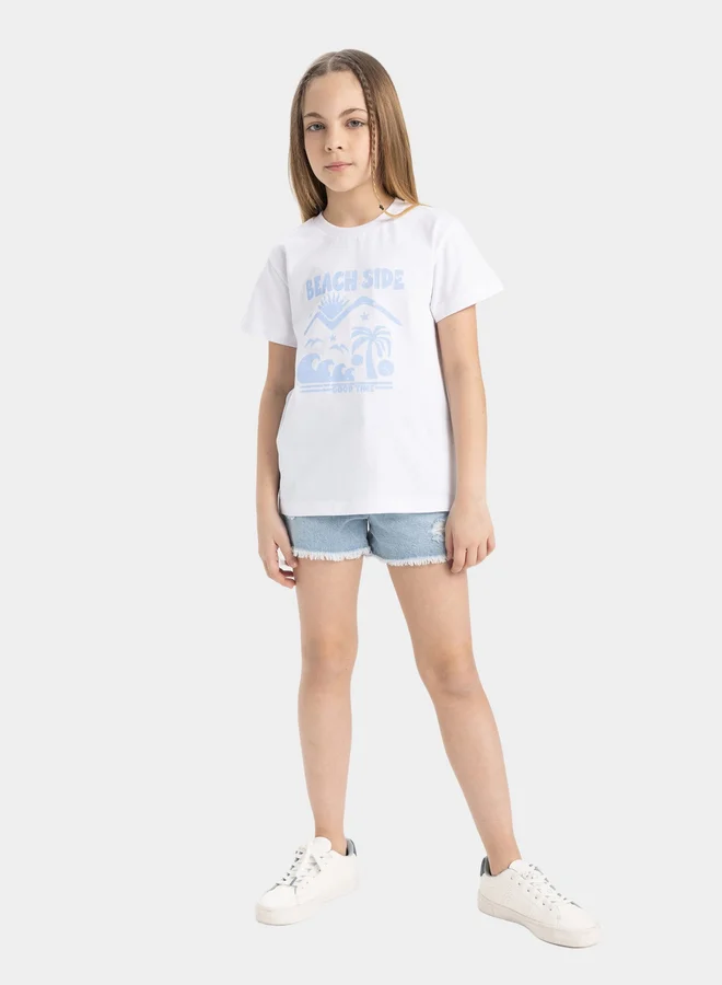 DeFacto DeFacto Kids White Beachside Printed Short Sleeve T-Shirt