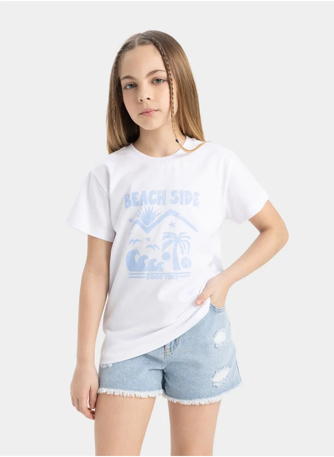 DeFacto DeFacto Kids White Beachside Printed Short Sleeve T-Shirt