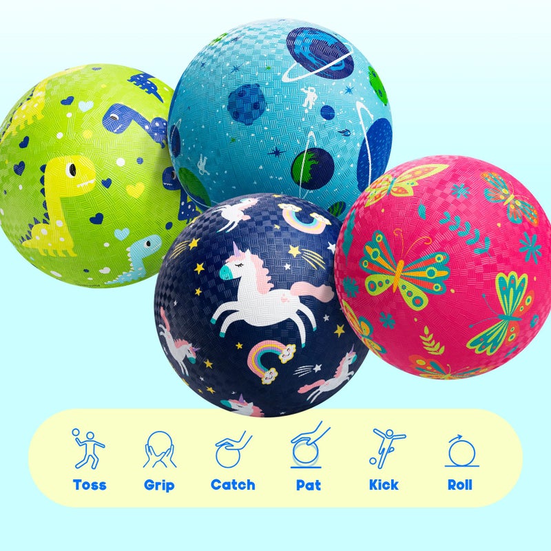 ZOOJOY Pack of 4 Cartoon Playground Balls  8.5"" Rubber Bouncy Kickball Set  Indoor & Outdoor Dodgeball Kickball Balls for Toddler 1-6  School Games Toys for Boys and Girls with Pumps and Boxes - Image 3