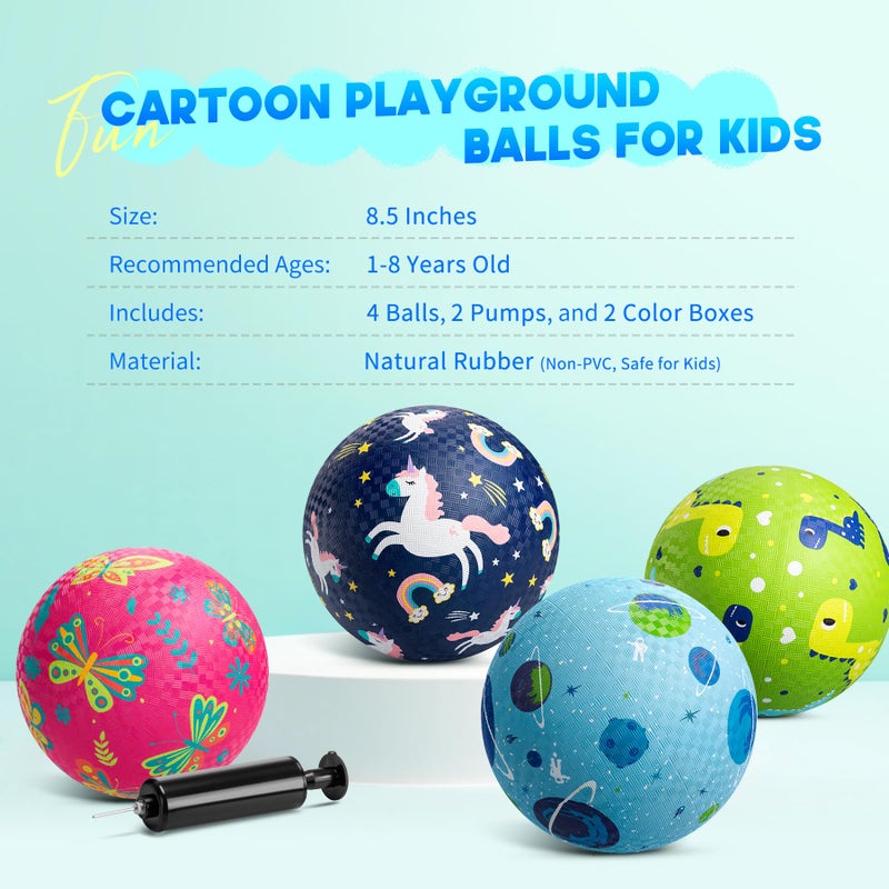 ZOOJOY Pack of 4 Cartoon Playground Balls  8.5"" Rubber Bouncy Kickball Set  Indoor & Outdoor Dodgeball Kickball Balls for Toddler 1-6  School Games Toys for Boys and Girls with Pumps and Boxes - Image 2