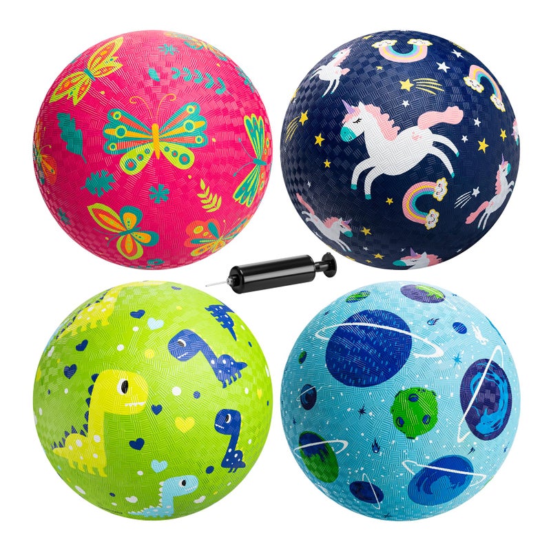 ZOOJOY Pack of 4 Cartoon Playground Balls  8.5"" Rubber Bouncy Kickball Set  Indoor & Outdoor Dodgeball Kickball Balls for Toddler 1-6  School Games Toys for Boys and Girls with Pumps and Boxes - Image 1