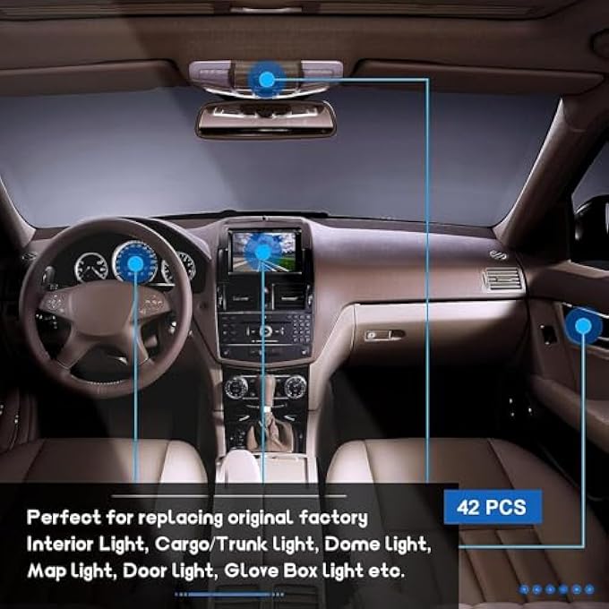 ريحني مجموعة مصابيح ليد داخلية للسيارة مكونة من 42 قطعة من مصابيح ليد بيضاء فائقة السطوع على شكل خريطة قبة للشاحنات والسيارات سهلة التركيب وترقية الإضاءة - Image 4
