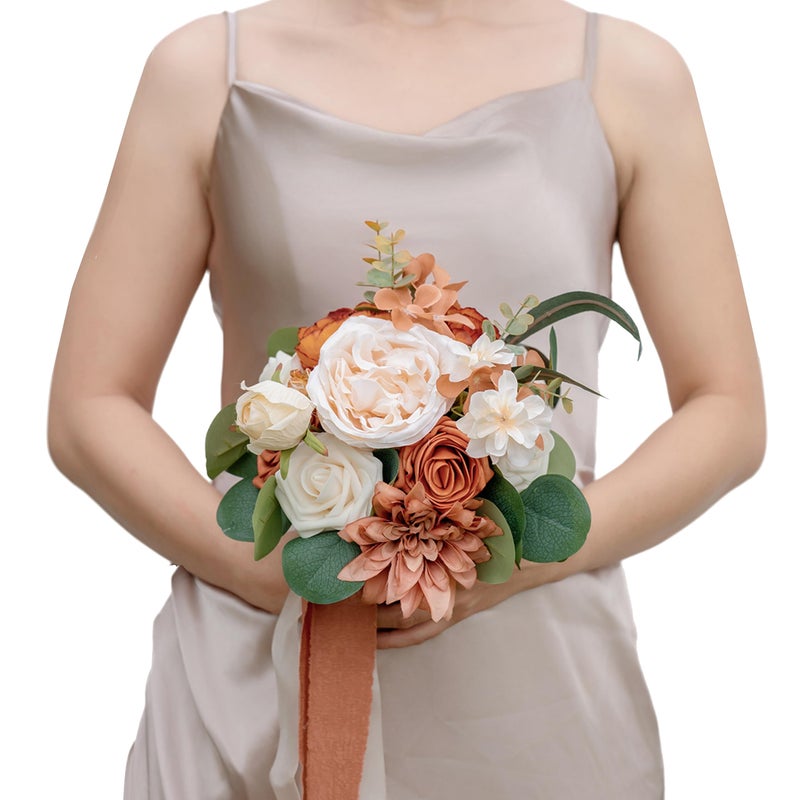 BENCENTRE 7 Inch Terracotta Wedding Bouquet for Bride Bridesmaid Small Wedding Bouquet  for Marriage Proposal Party and Vintage Wedding Ceremony Anniversary Artificial Flowers - Image 1