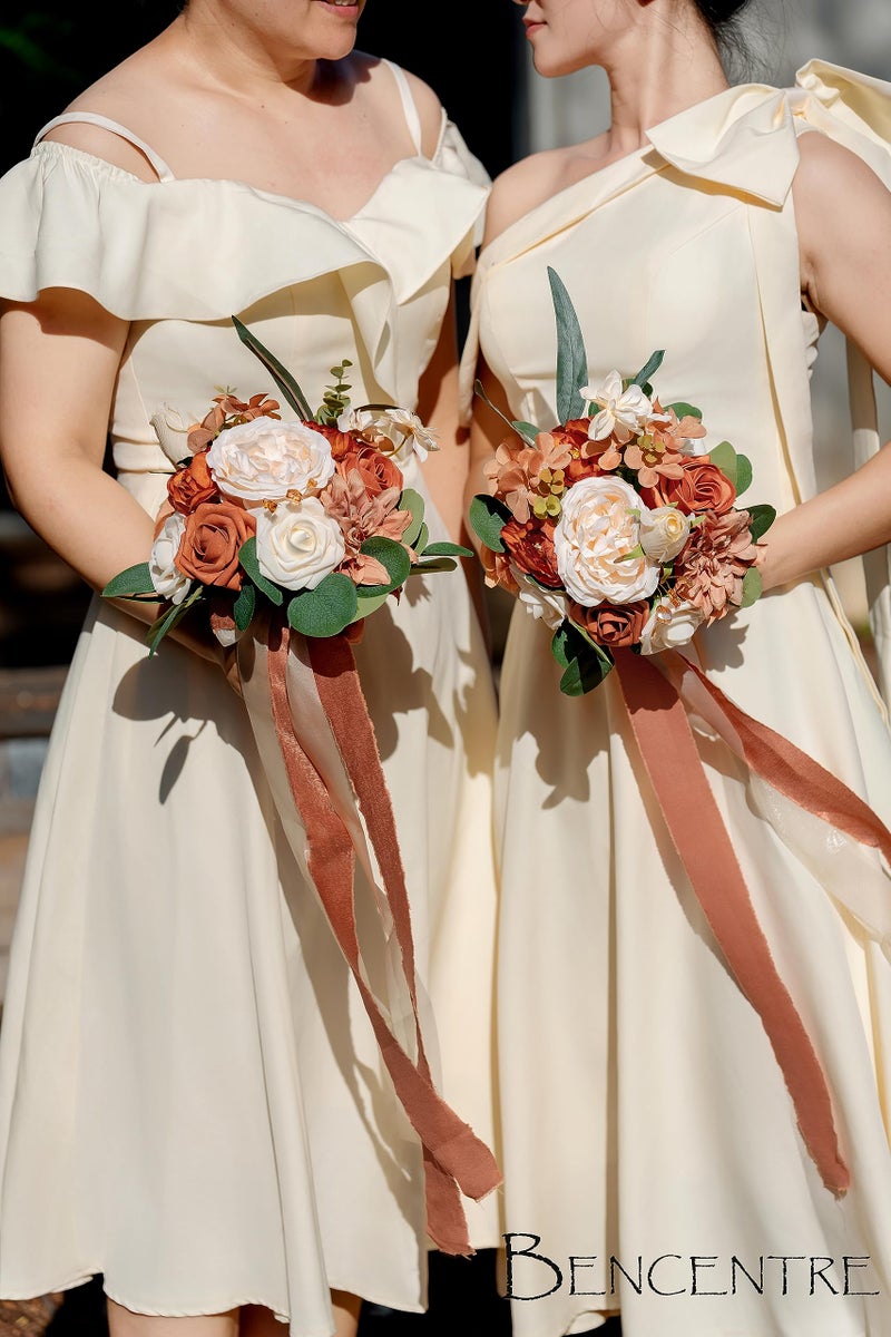 BENCENTRE 7 Inch Terracotta Wedding Bouquet for Bride Bridesmaid Small Wedding Bouquet  for Marriage Proposal Party and Vintage Wedding Ceremony Anniversary Artificial Flowers - Image 3