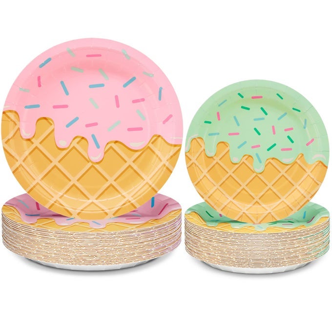 100 PACK ICE CREAM BIRTHDAY PARTY PLATES ICE CREAM DISPOSABLE TABLEWARE PARTY TABLE DECORATIONS FOR GIRLS BABY SHOWER 9 AND 7 PLATES FOR APPETIZER LUNCH DINNER DESSERT SERVES 50