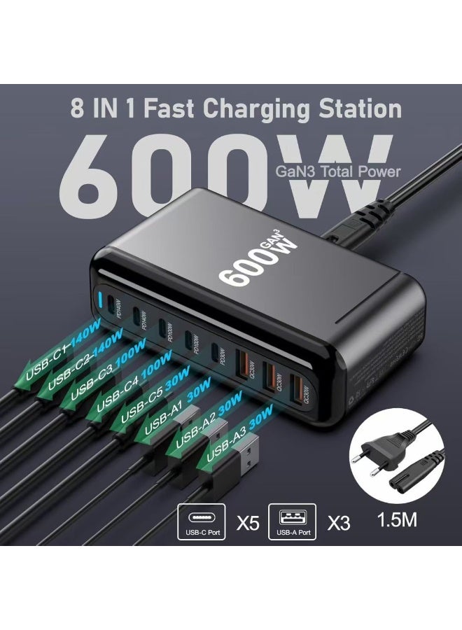 general 600W GaN3 8-in-1 Fast Charging Station – Multi-Port USB C Desktop Charger with 140W PD 3.1 & 30W QC 3.1 – Universal Power Adapter for MacBook Pro/Air, iPhone, iPad, Samsung, Laptops, and Tablets - Image 3
