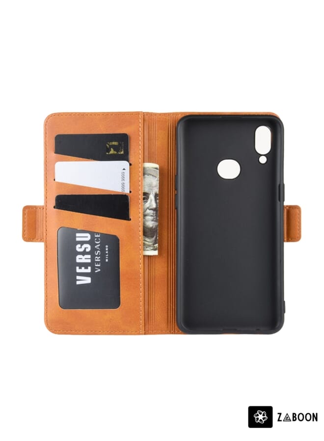 Zaboon Protective Case For Galaxy A10S Double Buckle Crazy Horse Business Mobile Phone Holster with Card Wallet Bracket Function - Image 3