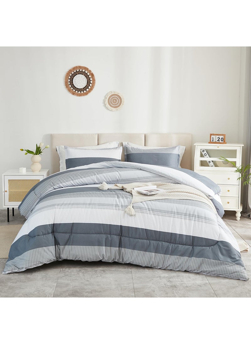 Litanika Litanika Comforter King Size Bed Set Light Grey - 3 Pieces Lightweight Bedding Comforter Sets Gray White Colorblock Stripe Fluffy All Season Bed Set 