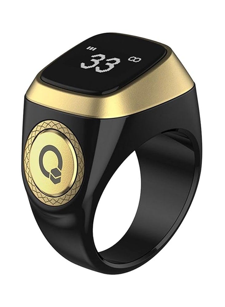 iQIBLA Smart Tasbih Zikr Ring, Muslim 5 Daily Prayer times Notifications reminder with OLED display, Tasbih Counter that links for iQibla app, Waterproof, Size 22mm - Black/Gold