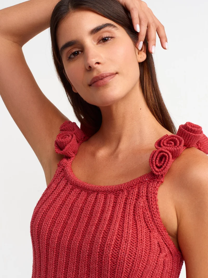 ديلفين 10524 Strappy Handmade Floral Detailed Knitwear Top-Red