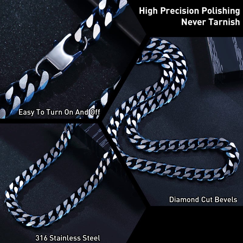 Yami سلسلة كوبية من يامي 10 مم/12 مم للرجال والنساء، مصنوعة من الفولاذ المقاوم للصدأ 316L بلونين أزرق/ذهب 18 قيراط/مطلية بالأسود، طول السلسلة 18"/20"/22"/24"/26" - Image 3