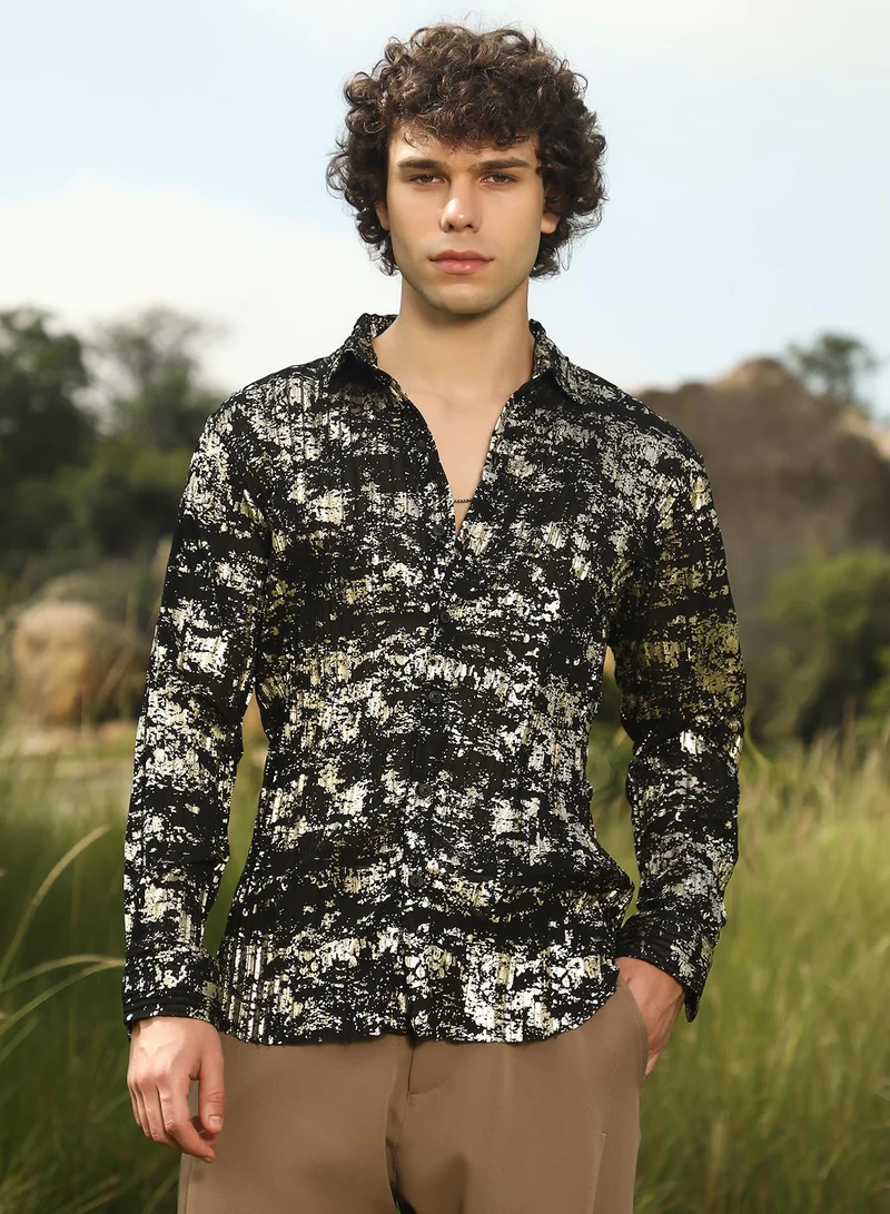 Campus Sutra Men's California Gold & Obsidian Black Textured Foil Shirt