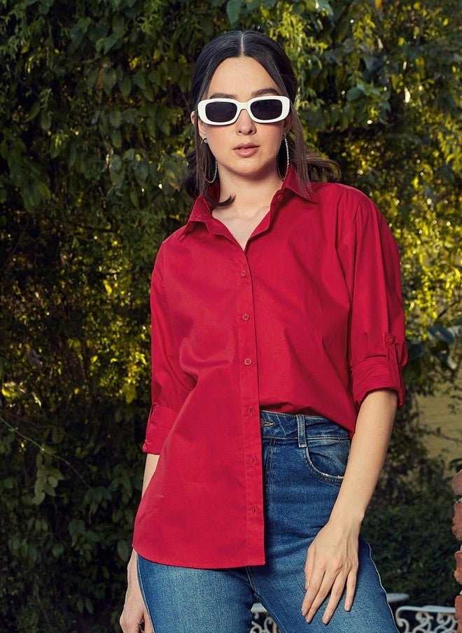 ساسافراس قميص نسائي كاجوال بقصة مربعة باللون الأحمر - Image 1