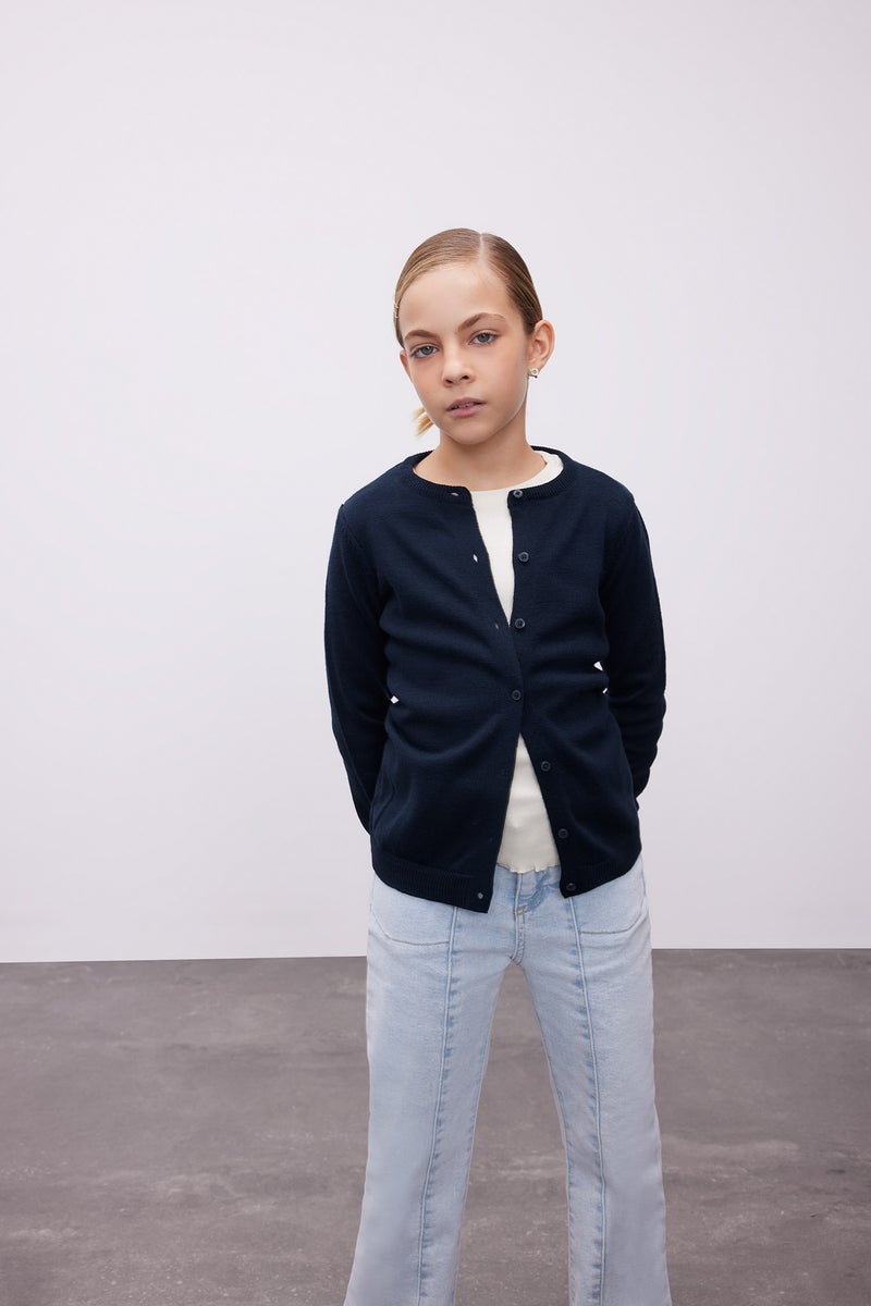 DeFacto Girl Navy Bike Neck Buttoned School Cardigan - Image 1