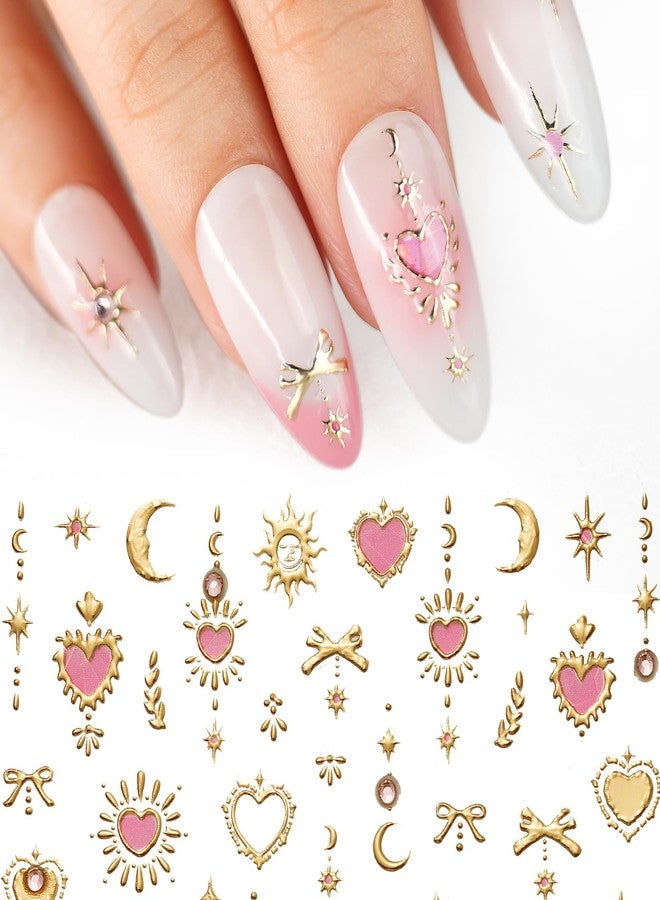 Pretty Diva PrettyDiva 5D Embossed Love Heart Moon Star Nails Art Stickers for Valentine's Day, Gold Self-Adhesive Pink Love Heart Nails Decals Sticker with Rhinestone Nail Art Decoration - Image 1