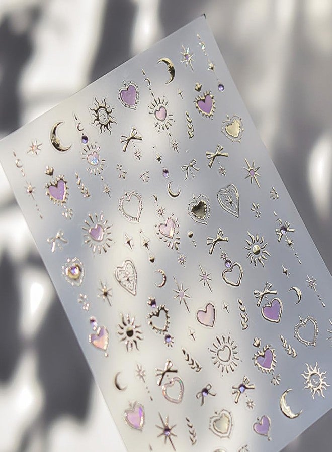 Pretty Diva PrettyDiva 5D Embossed Love Heart Moon Star Nails Art Stickers for Valentine's Day, Gold Self-Adhesive Pink Love Heart Nails Decals Sticker with Rhinestone Nail Art Decoration - Image 2