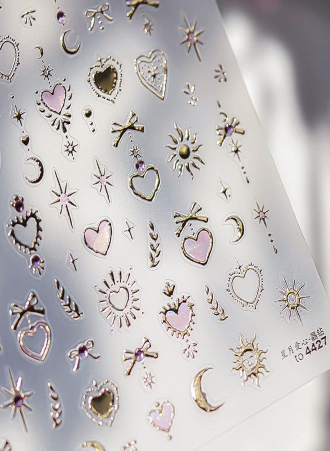 Pretty Diva PrettyDiva 5D Embossed Love Heart Moon Star Nails Art Stickers for Valentine's Day, Gold Self-Adhesive Pink Love Heart Nails Decals Sticker with Rhinestone Nail Art Decoration - Image 3