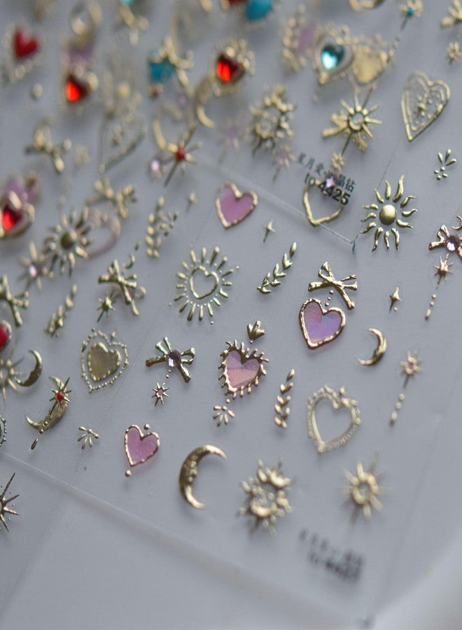 Pretty Diva PrettyDiva 5D Embossed Love Heart Moon Star Nails Art Stickers for Valentine's Day, Gold Self-Adhesive Pink Love Heart Nails Decals Sticker with Rhinestone Nail Art Decoration - Image 4