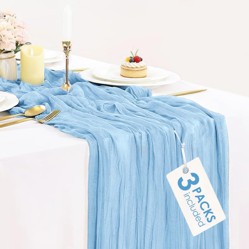 BLUETOP 3 Pack Baby Blue Table Runner Boho Gauze Cheesecloth Table Runner 120 Inches Long Light Blue Cheese Cloth Runner for Wedding Bridal Baby Shower Birthday Party Thanksgiving Decor - Image 1
