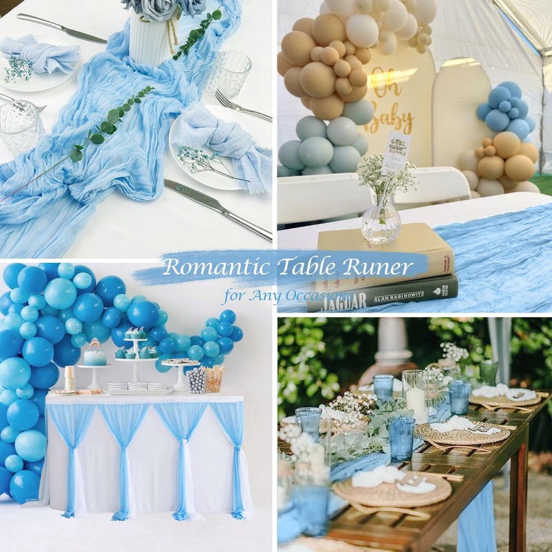 BLUETOP 3 Pack Baby Blue Table Runner Boho Gauze Cheesecloth Table Runner 120 Inches Long Light Blue Cheese Cloth Runner for Wedding Bridal Baby Shower Birthday Party Thanksgiving Decor - Image 4