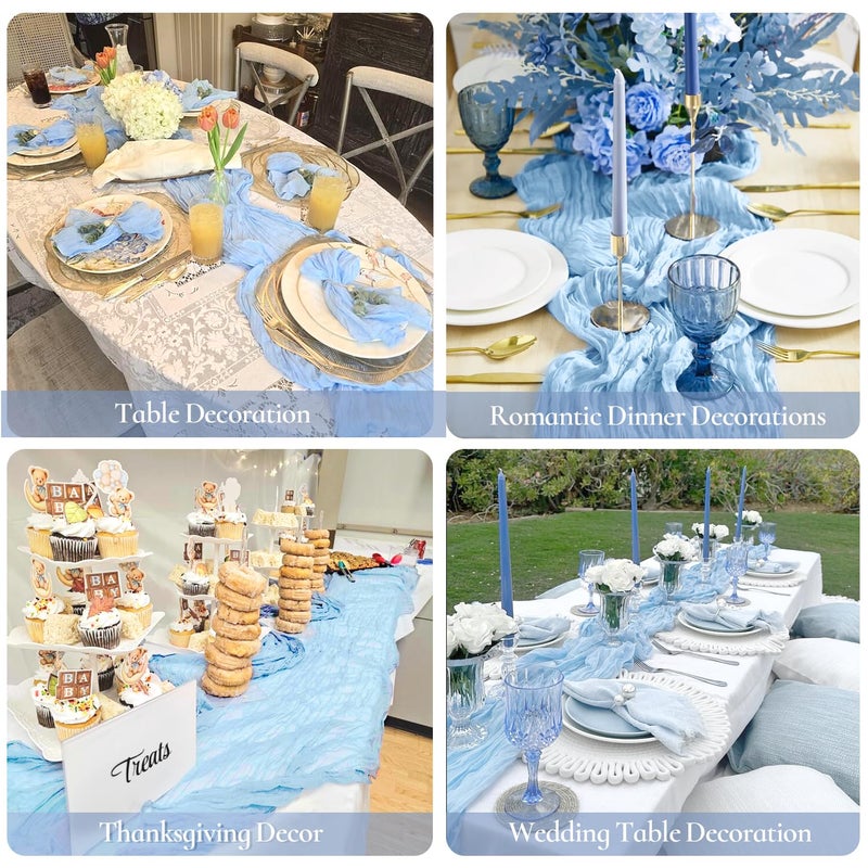 BLUETOP 3 Pack Baby Blue Table Runner Boho Gauze Cheesecloth Table Runner 120 Inches Long Light Blue Cheese Cloth Runner for Wedding Bridal Baby Shower Birthday Party Thanksgiving Decor - Image 5