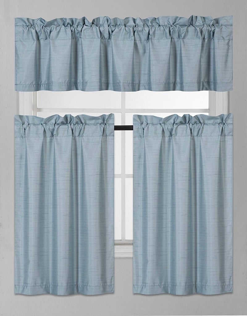 Fancy Collection 3 Pieces Faux Silk Blackout Kitchen Curtain Set Tier Curtains and Valance Set Solid Color Window Set Thermal Backing Drapes Assorted Colors New (Slate Blue)