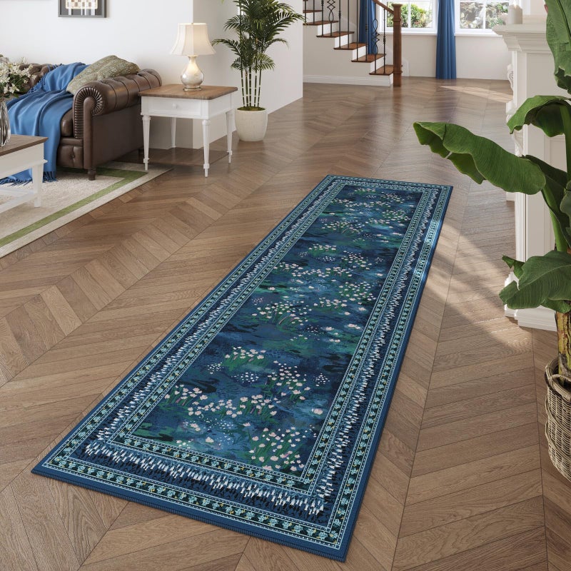 Rugcomf 2x6 Runner Rug Impressionist-Style Vintage Kitchen Rugs Non Slip Washable Soft Carpet Runner for Kitchen Laundry Bedroom Bathroom, Blue - Image 3