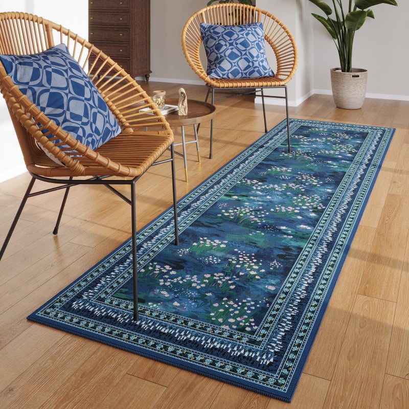 Rugcomf 2x6 Runner Rug Impressionist-Style Vintage Kitchen Rugs Non Slip Washable Soft Carpet Runner for Kitchen Laundry Bedroom Bathroom, Blue - Image 2