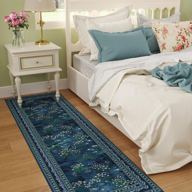 Rugcomf 2x6 Runner Rug Impressionist-Style Vintage Kitchen Rugs Non Slip Washable Soft Carpet Runner for Kitchen Laundry Bedroom Bathroom, Blue - Image 4
