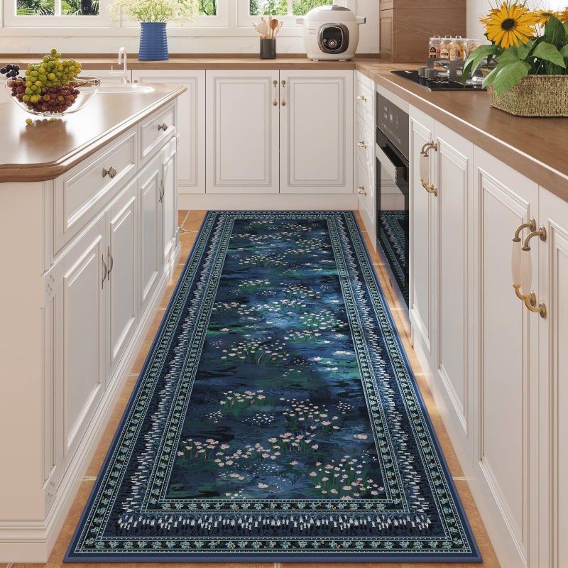 Rugcomf 2x6 Runner Rug Impressionist-Style Vintage Kitchen Rugs Non Slip Washable Soft Carpet Runner for Kitchen Laundry Bedroom Bathroom, Blue - Image 1