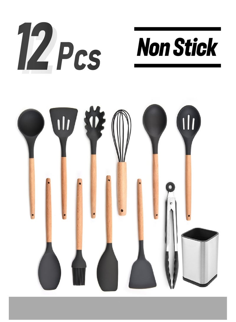 12-Piece Silicone Cooking Spatula And Spoon With Wooden Handle And Storage Bucket Set 