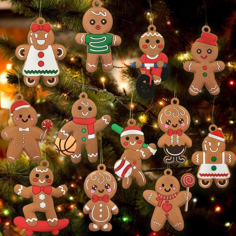 12Pcs Christmas Gingerbread Man Ornaments For Christmas Tree Decorations Assorted Plastic Gingerbread Figurines Christmas Holiday Decorations 3 Inch Tall