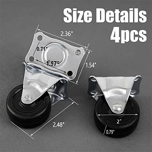 AUEAR, 4 Pack 2 Inch Rubber Caster Wheels Heavy Duty Fixed Black Casters with Rigid Non-Swivel Top Plate for Furniture - Image 2