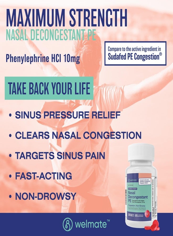 WELMATE Nasal Decongestant Phenylephrine HCl 10 mg, Maximum Strength (200 Count) Non-Drowsy Sinus Congestion & Pressure Relief, Stuffy Nose Decongestant Tablets for Cold & Allergies, Adults - Image 2