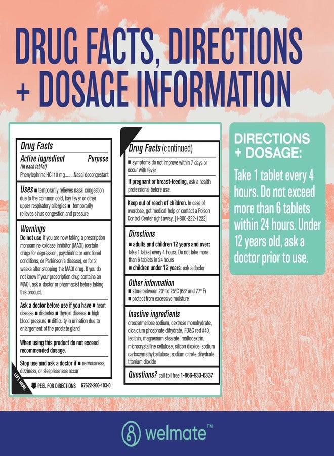 WELMATE Nasal Decongestant Phenylephrine HCl 10 mg, Maximum Strength (200 Count) Non-Drowsy Sinus Congestion & Pressure Relief, Stuffy Nose Decongestant Tablets for Cold & Allergies, Adults - Image 5