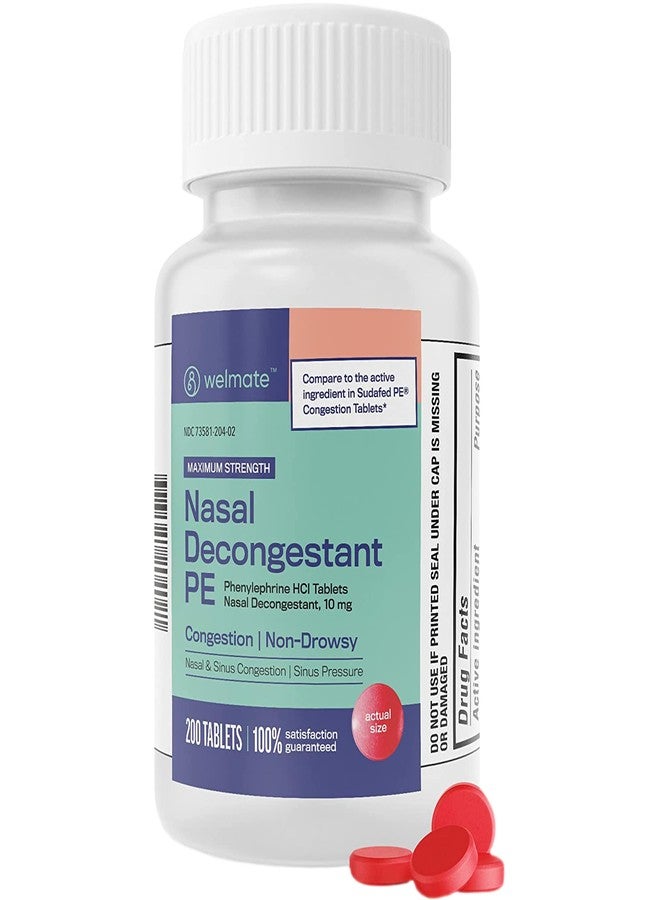WELMATE Nasal Decongestant Phenylephrine HCl 10 mg, Maximum Strength (200 Count) Non-Drowsy Sinus Congestion & Pressure Relief, Stuffy Nose Decongestant Tablets for Cold & Allergies, Adults - Image 1
