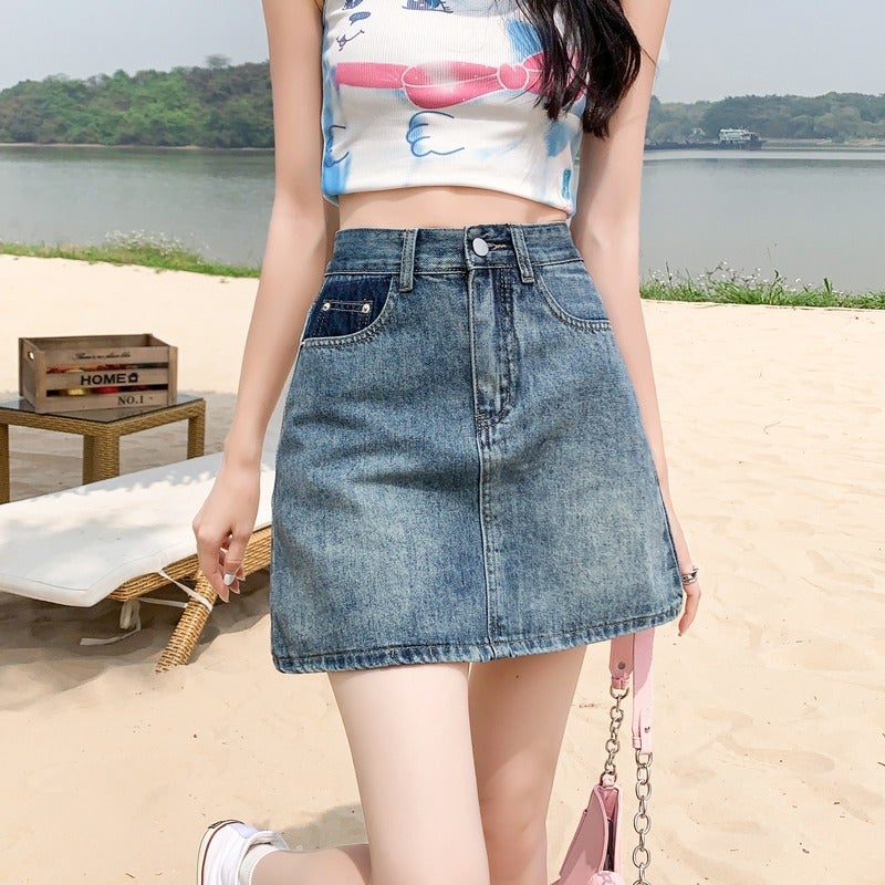 Small Denim Short Skirt Women's Summer New Design Sense A- line Skirt High Waist Anti-slip Skirt