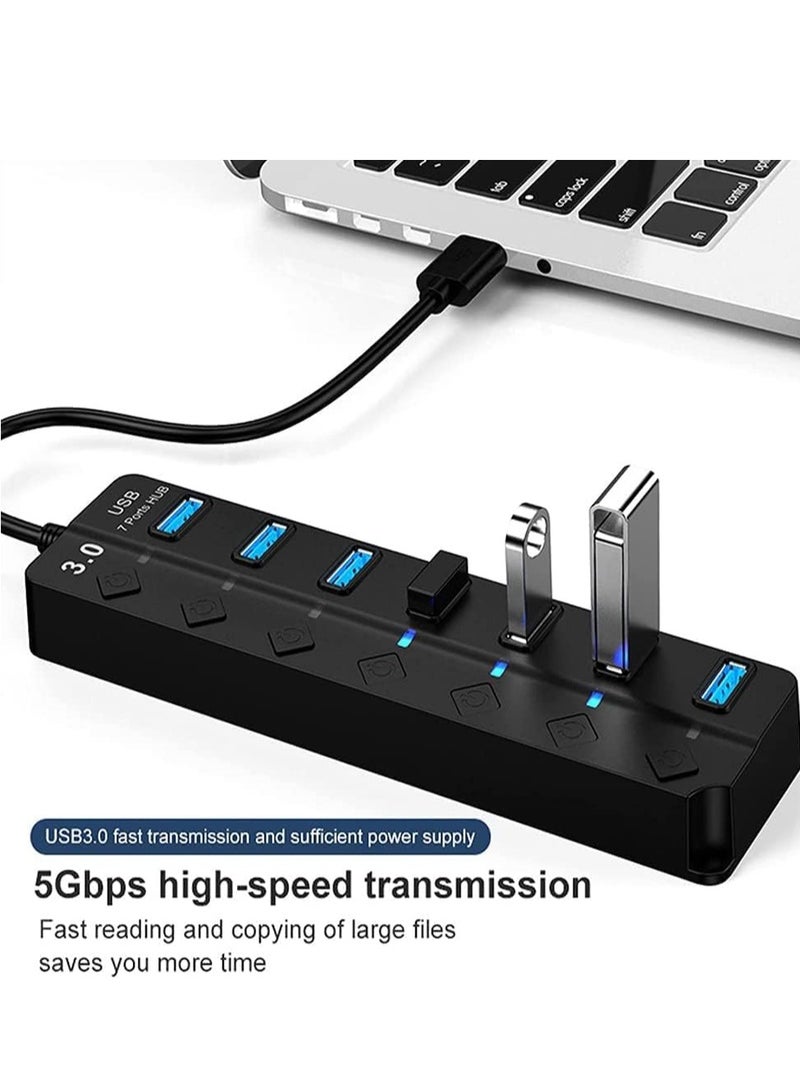 Loquat 7-Port USB 3.0 Hub with Individual Power Switches and Lights, High-Speed Data Hub Splitter Portable USB Extension Hub for PC Laptop and More (No Power Adapter) - Image 2