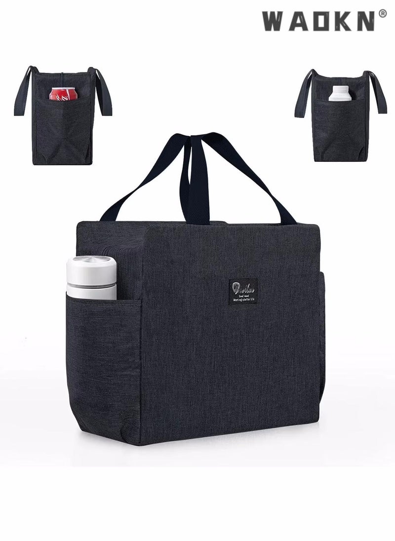 WAOKN Insulated Lunch Bag with Dual Side Pockets, Thermal Lunch Tote Box Bag for Women Men and childern Lightweight for Work Picnic School Office,Ocean side, Outing, Fishing, Travel, Cooler Handbag Black - Image 1
