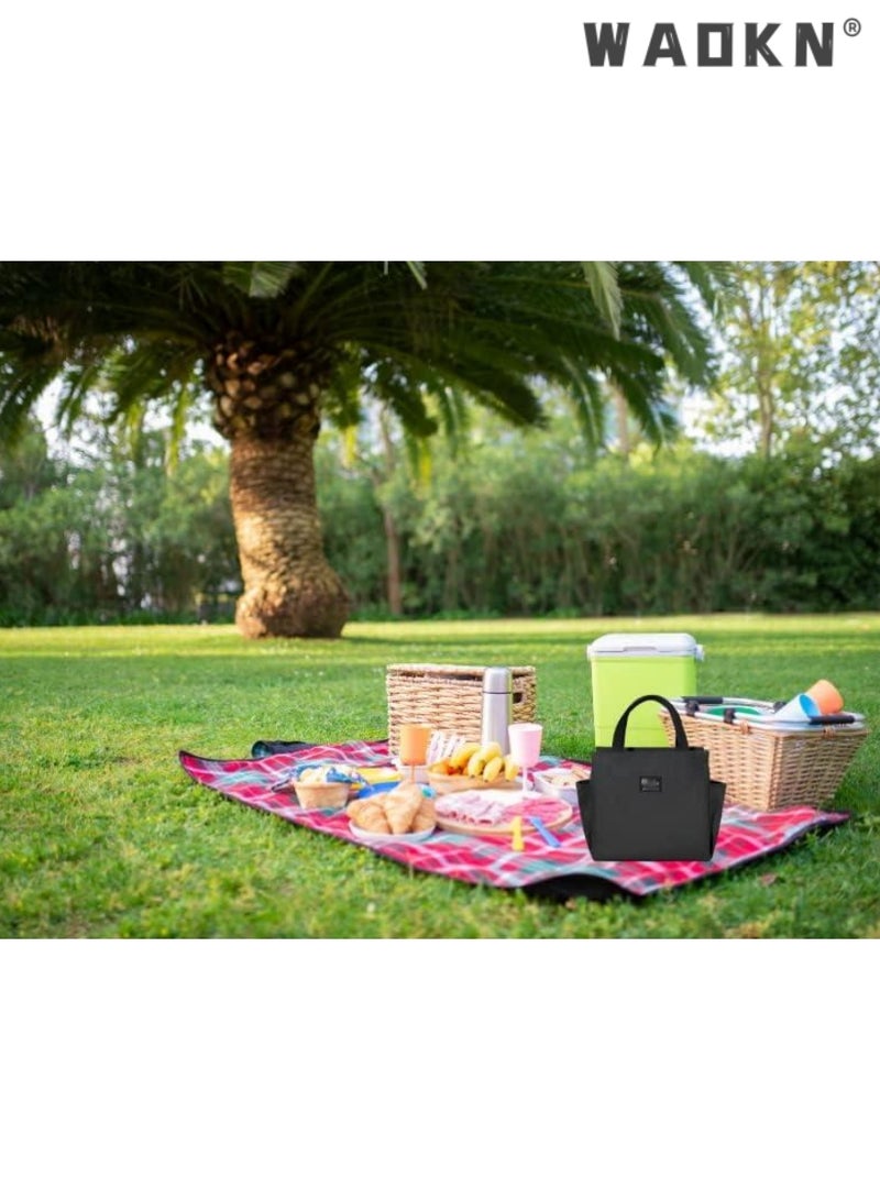 WAOKN Insulated Lunch Bag with Dual Side Pockets, Thermal Lunch Tote Box Bag for Women Men and childern Lightweight for Work Picnic School Office,Ocean side, Outing, Fishing, Travel, Cooler Handbag Black - Image 3