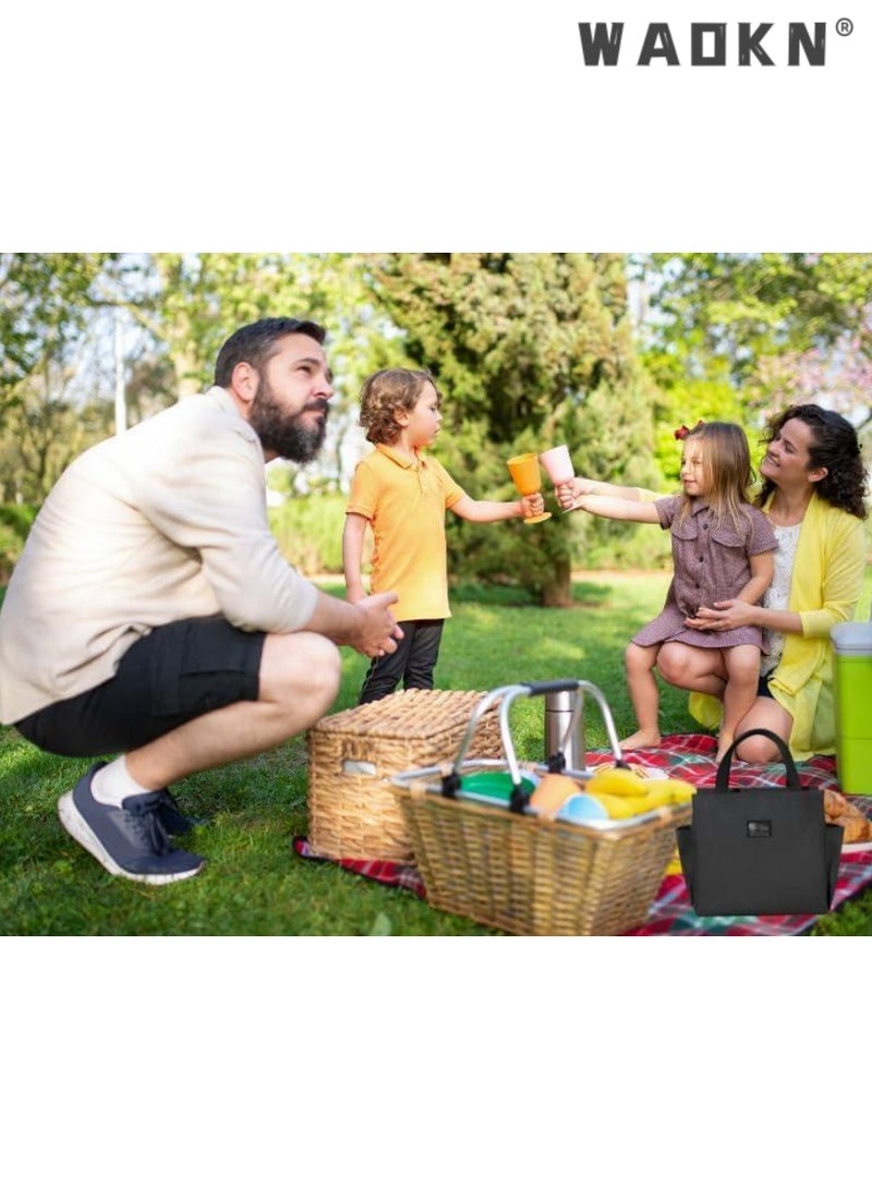 WAOKN Insulated Lunch Bag with Dual Side Pockets, Thermal Lunch Tote Box Bag for Women Men and childern Lightweight for Work Picnic School Office,Ocean side, Outing, Fishing, Travel, Cooler Handbag Black - Image 4