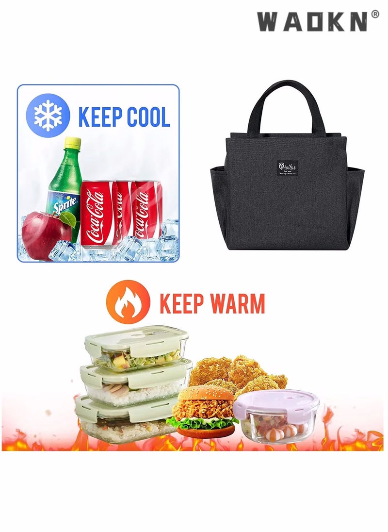 WAOKN Insulated Lunch Bag with Dual Side Pockets, Thermal Lunch Tote Box Bag for Women Men and childern Lightweight for Work Picnic School Office,Ocean side, Outing, Fishing, Travel, Cooler Handbag Black - Image 2