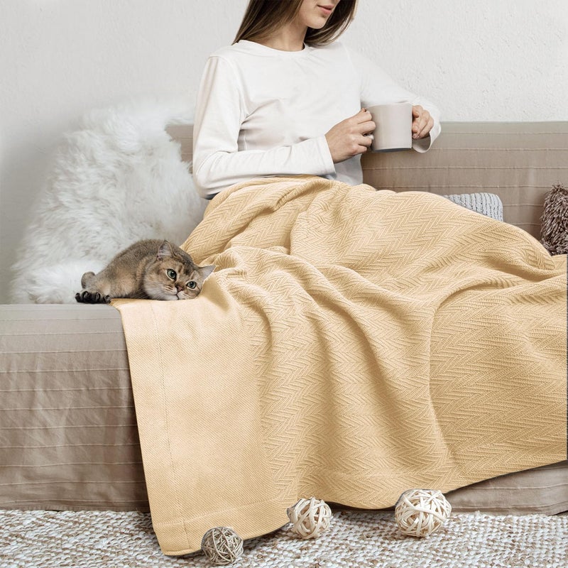THREAD SPREAD Knitted Geometric Herringbone Pattern Handwoven Blanket 100 Extra Long Staple Cotton  Soft  Cozy Thermal All Season Throw for Bed Couch Chair Outdoors KingCal King Beige