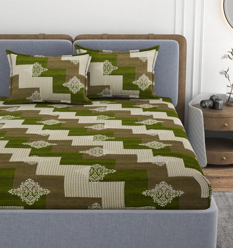 VOMZER 320 TC 100% Pure Cotton All Around Elastic Fitted Queen Size Bedsheets, Supersoft Elastic Fitted Double Bedsheet with 2 Pillow Covers, Size 60x78x8 Inches - Image 1