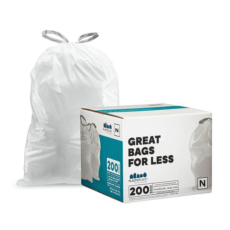 Plasticplace Custom Fit Trash Bags Compatible with Simplehuman Code N 200 Count White Drawstring Garbage Liners 1213 Gallon  4550 Liters 225 x 315